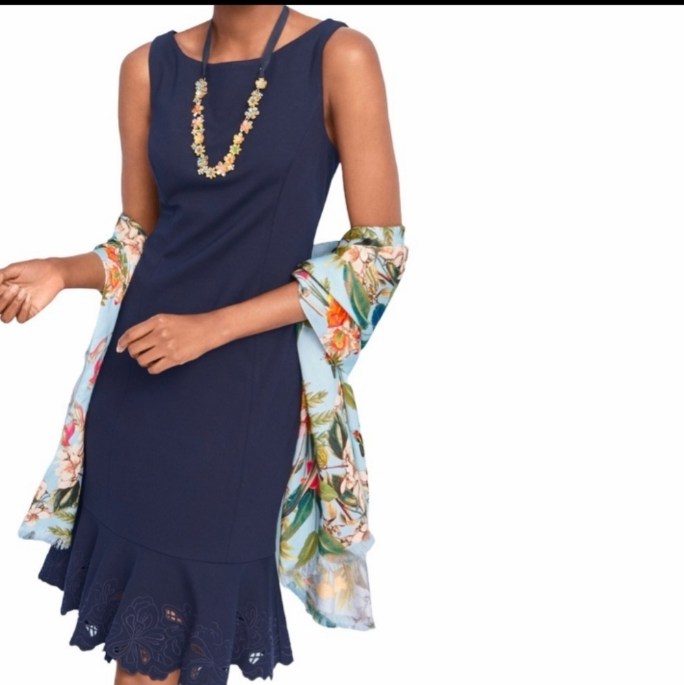 Talbots RSVP New Navy Ponte Knit Embroidered Flounce Hem Sheath Dress